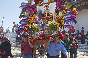 On Easter Sunday the comrades (council men) carry the andas (floats) of the saints in procession from the Santo Tomus Church in Chichicastenango, El Quichu, Guatemala