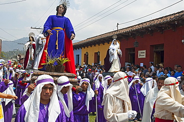 Men carrying the andas (floats) of a saint & the Virgin Mary at the Procession of the Holy Cross on Good Friday in Antigua Guatemala, Sacatepuquez, Guatemala