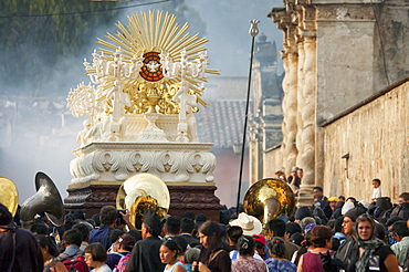 People following the anda (float) of the sorrowful Virgin Mary during the Holy Burial Procession on Good Friday in Antigua Guatemala, Sacatepuquez, Guatemala