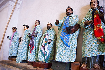 The dressed statues of the Saints in the Santiago Apostol Church are also the guardian-spirits of the Tzutuhil pantheon, a classic example of Maya-Catholic syncretism, Santiago de Atitlun, Sololu, Guatemala