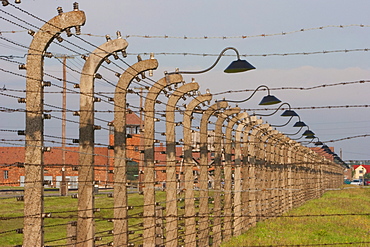 Electrified barbed wire fences separating the sections of the Auschwitz-Birkenau Concentration Camp, Oswiecim, Malopolska, Poland