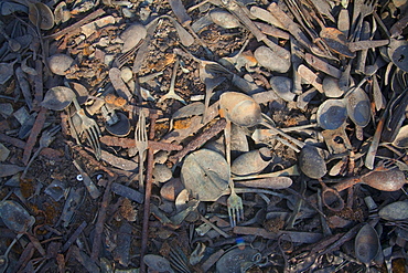 Remains of the goods stolen by the Nazis from the murdered people at Camp Kanada, Auschwitz-Birkenau Concentration Camp, Oswiecim, Malopolska, Poland