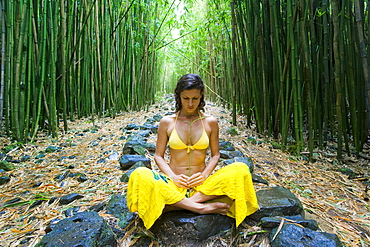 Hawaii, Maui, Kipahulu, Woman meditating in bamboo forest.