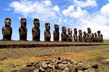 Easter Island, Ahu Tongariki Platform with line of Moai Statues, wide angle.