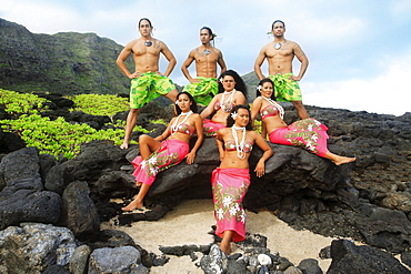 Hawaii, Oahu, Group of Tahitian Male and Female Dancers posing.