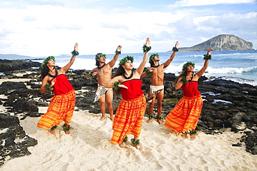 Hawaii, Oahu, Makapu'u Beach, Group of Tahitian Male and Female Dancers posing, Rabbit Island in background.