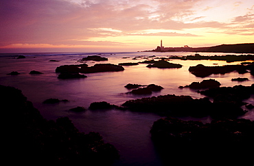 California, Highway 1, Rocky seascape and Cabrillo Lighthouse at sunset.