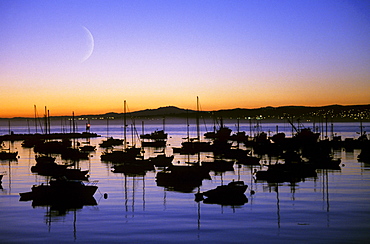 California, Monterey Bay, Fishing boats silhouetted against sunset, Crescent moon.