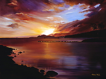 Sunset of Hawaii Kai, Hawaii, Oahu, Hawaii Kai, Landscape of sunset over ocean (Oil Painting).