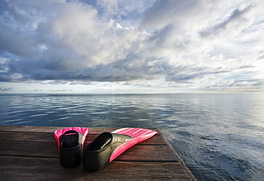 Hawaii, Pink fins on dock at sunset.