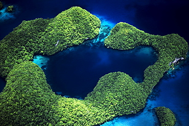 Micronesia, Palau, Rock Islands, Aerial of Rock Islands and lagoon.