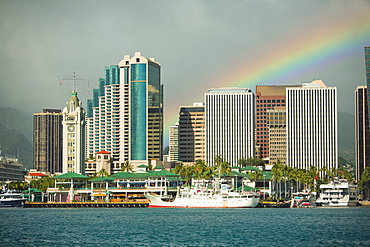 Hawaii, Oahu, View of Downtown Honolulu harbor.