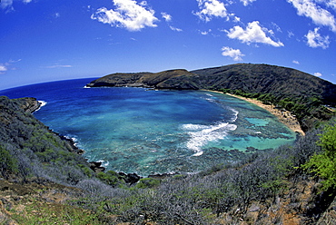 Hawaii, Oahu, Overview of Hanauma Bay.