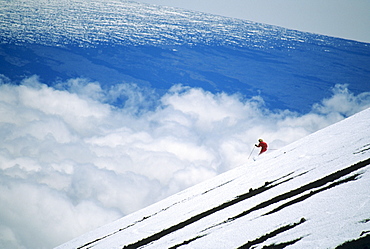 Hawaii, Big Island, Mauna Kea, Woman skiing downhill at high elevation.