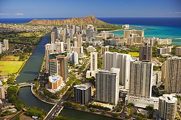 Hawaii, Oahu, Aerial View of Waikiki.