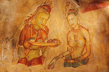 Sri Lanka, Sigiriya Rock, Ancient painting on cave wall.