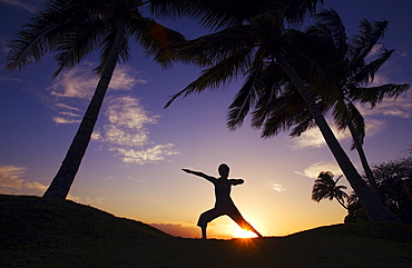 Hawaii, Maui, Olowalu, woman doing yoga at sunset under palm trees.