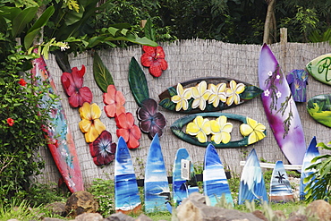 Hawaii, Oahu, North Shore, Haleiwa, Elaborately painted surfboards by Ron Artis.