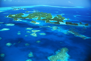 Micronesia, Palau, Aerial of Rock Islands, blue ocean