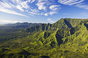 Hawaii, Kauai, Aerial scenic of lush mountains, valleys, ridges, plateaus.