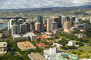 Hawaii, Oahu, Downtown Honolulu from above.