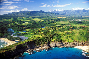 Hawaii, Kauai, North Shore, Aerial view, mountains, clouds and valley