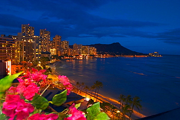 Hawaii, Oahu, Nighttime view at Waikiki, [For use up to 13x20 only]