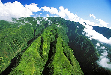 Hawaii, Maui, Crevices descending from Pu'u Kukui, Clouds in sky