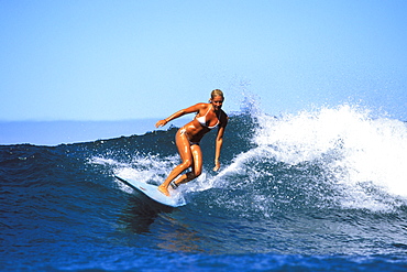 Surfer girl, Jessica Bishop riding a wave