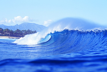 Hawaii, Large blue, curling wave, mountain and beach in the background.