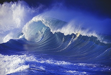 Hawaii, Oahu, Waimea Shorebreak, side view large, misty wave coming in to shore