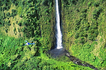 Hawaii, Big Island, Hamakua, distant view of large waterfall, helicopter in flight