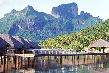 French Polynesia, Tahiti, Coastal scenic of Hotel Bora Bora bungalows