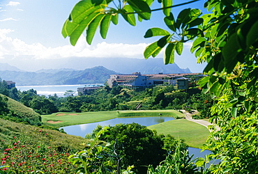 Hawaii, Kauai, Princeville Sheraton Resort, pond, golf course, Hanalei Bay in background