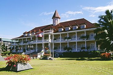 French Polynesia, Tahiti, Papeete, City Hall building downtown, exterior view from distance