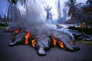 Hawaii, Big Island, Kilauea Volcano, Kalapana active lava flow over road 