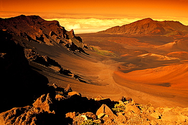 Hawaii, Maui, Golden sunlight over Haleakala Crater, National Park