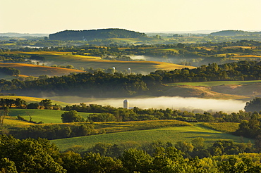 Agriculture - Dairy land at sunrise showing cornfields, alfalfa fields, dairies, silos and fog in low lying areas / Southwest Wisconsin, USA.