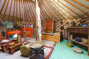 Interior of a traditional Mongolian ger (yurt) by Ongi Monastery, Saikhan-Ovoo, Dundgovi Province, Mongolia