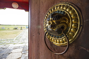 Lion-shaped door knocker on a door of the Dalai Lama Temple in the Erdene Zuu Monastery, Karakorum (Kharkhorin), Ã–vÃ¶rkhangai Province, Mongolia