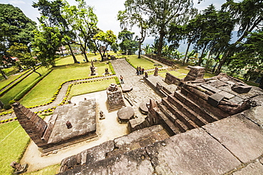 View from the top of the central pyramid of the 15th-century Javanese-Hindu temple, Candi Sukuh, Central Java, Indonesia