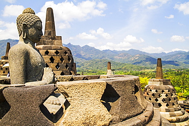 Buddha statue amidst the latticed stone stupas containing Buddha statues on the upper terrace, Borobudur Temple Compounds, Central Java, Indonesia