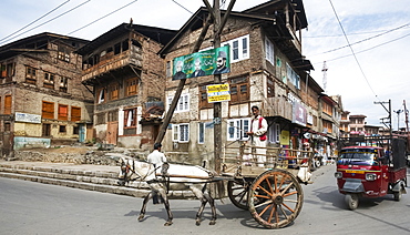 Mule cart and auto rickshaw in front of traditional buildings in the old town