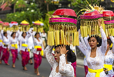 Balinese Women Carrying Offerings At A Melasti Ceremony; Kuta, Denpasar, Bali