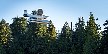 A float plane flies above Clayoquot Sound on the Pacific Rim beside a forest and blue sky, Vancouver Island, Tofino, British Columbia, Canada