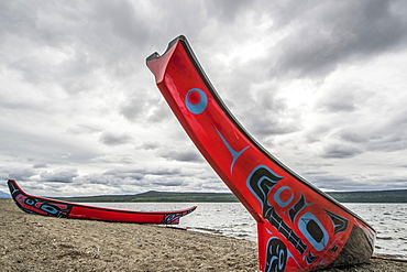 Tlingit long canoes on the shore of Teslin Lake, Teslin, Yukon, Canada