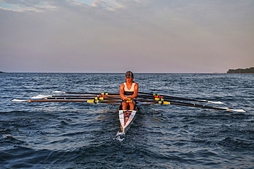 Hanlan Boat Club Junior men at morning practice in Lake Ontario, Toronto, Ontario, Canada