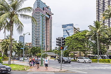 Wyland Whaling Wall number 67 (of 100) 'Earth Day Hawaii' painted on the Royal Aloha Condominiums at 1909 Ala Wai Boulevard and was dedicated on the 25th anniverary of Earth Day. Viewpoint is where Ala Mona Boulevard merges into Kalakaua Avenue in Waikiki