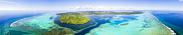 Aerial view of the outer reef and Goofnuw Channel looking south to the island of Yap, Yap, Micronesia