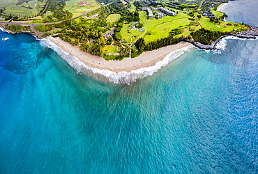 Aerial view of the Ritz-Carlton Hotel Kapalua, DT Fleming Beach Park, Honokahua Bay and Makaluapuna Point, Lahaina, Maui, Hawaii, United States of America